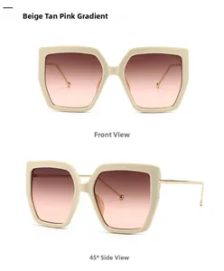Front and 45-degree side view of beige square frame sunglasses with tan pink gradient lenses