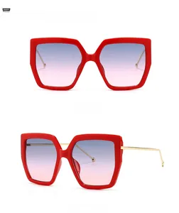 Front and 45-degree side view of oversized red square sunglasses with gradient lenses