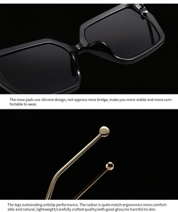 Detail of ergonomic silicone nose pads and slim golden metal temples on black sunglasses