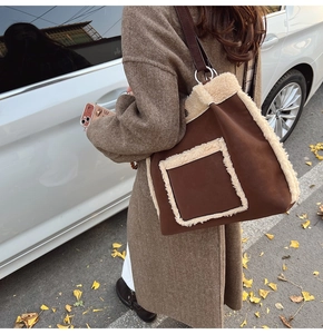 Detail of coffee brown tote with fleece trim and side view of large shoulder strap