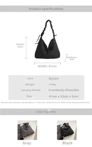Detail view of large nylon quilted tote bag with size dimensions 41cm x 32cm