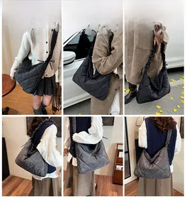 Detailed views of quilted crossbody tote bag featuring padded rhombus pattern and ruching strap