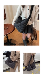 Lifestyle shots showing the large black quilted nylon dumpling bag in versatile daily use