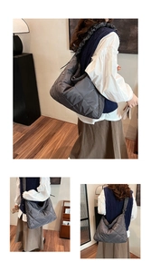 Three views showing the oversized grey quilted nylon dumpling bag on model in a room