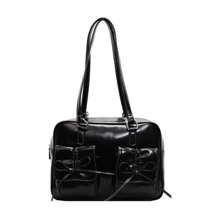 Japanese style large capacity black faux leather shoulder bag with cute bow detail