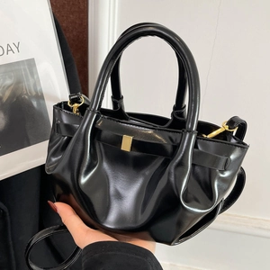 Glossy PU Leather Ruched Dumpling Handbag With Metal Buckle Crossbody Bag Detachable Adjustable Strap French Style Elegant Versatile For Women