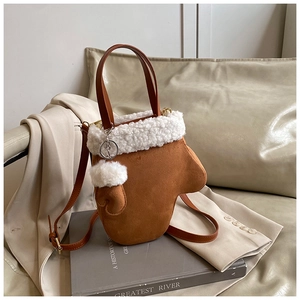 Creative glove-shaped crossbody bag in brown suede with white plush trim detail