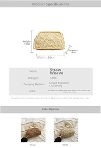 Detailed view showing dimensions and straw texture of this hollowed-out shoulder beach bag