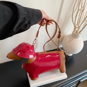 Creative dachshund-shaped red patent leather crossbody shoulder bag with adjustable strap