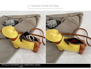 Detailed view of creative dachshund shaped crossbody bag interior holding daily essentials