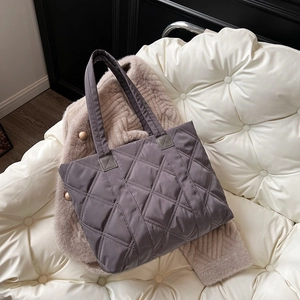 Women Fashion Quilted Tote Bag Nylon Large Capacity Diamond Pattern Puffer Shoulder Handbag For Casual Commuter
