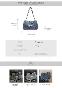 Size chart showing denim tote bag dimensions 36x22x15cm and black or blue color options