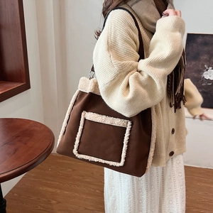 Brown faux suede tote bag with white lamb wool trim for women's autumn winter style