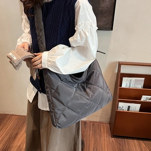 Minimalist grey quilted nylon hobo bag for women with large capacity and casual style