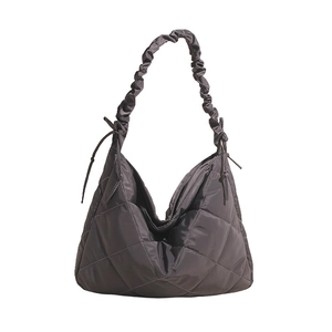 Dark gray large quilted nylon shoulder bag with elegant pleated strap and dumpling shape