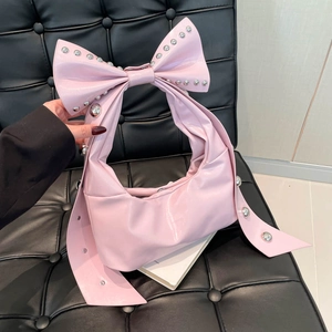 Women Shiny PU Leather Hobo Bag With Large Bowknot And Silver Rivets Fashionable Underarm Shoulder Purse Street Style