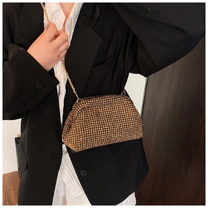 Detail of champagne gold rhinestone evening clutch bag with metal chain strap