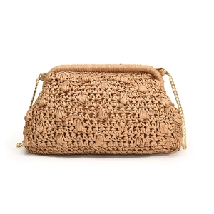 Handwoven straw clutch bag with 3D puff accents and golden chain strap for summer beachwear