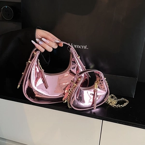 Sac Demi-Lune Femme PU Cuir Miroir Métallique Tendance Chaîne Croissant Hobo Sac Bandoulière Épaule Mode