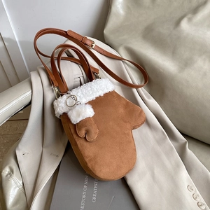 Creative Glove Mitten Shape Women Bag Suede Faux Sherpa Trim Shoulder Crossbody Handbag Winter Cute Novelty Satchel