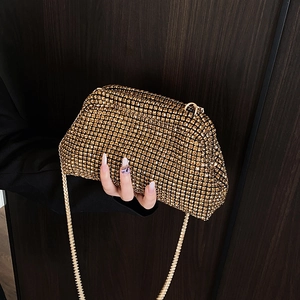 Luxurious gold rhinestone clutch evening bag with metal chain strap for women