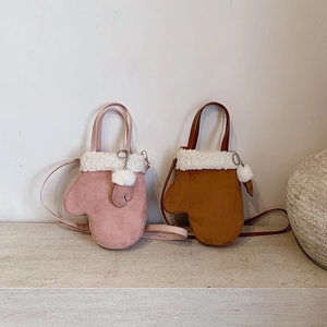 Creative glove-shaped suede bucket bags with faux shearling trim in pink and brown