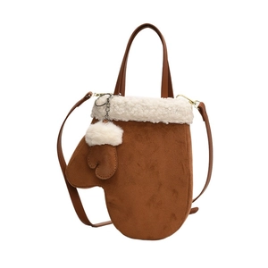 Unique brown glove-shaped crossbody bucket bag with white fleece trim and matching charm