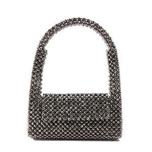 Sparkly silver beaded handbag with top handle and woven crystal design for evening events