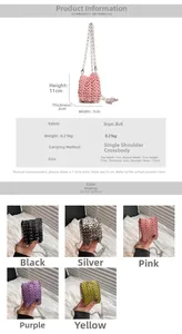 Detailed size chart and five-color comparison of the mini metal sequins woven crossbody bag