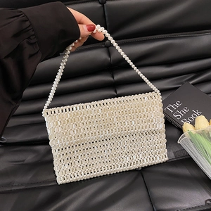 Handmade Beaded Handbag Faux Artificial Pearl Woven Shoulder Bag Retro Underarm Clutch For Women Elegant Flap Bag French Style