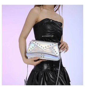 Detail of silver laser crossbody bag with metallic square rivets and envelope flap design