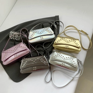 Metallic rivet square bags in pink gold and silver colors with studded punk design