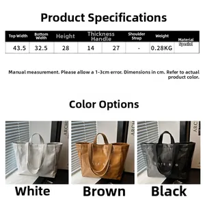 Detailed size chart for large tote bag with dimensions for white brown and black models