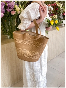 Detail of handwoven straw tote bag with intricate hollow floral knit patterns