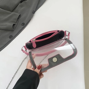 Borsa a tracolla trasparente rosa in PVC con catena in argento per donna