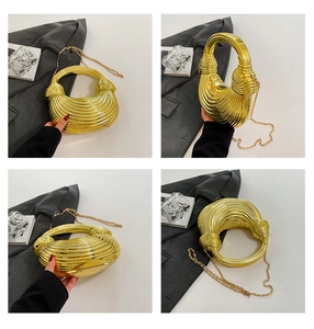 Detailed views of gold metallic woven handbag with round handle and gold chain strap