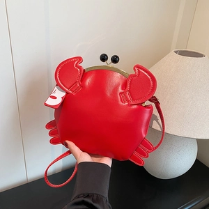 Creative red crab-shaped PU leather crossbody bag with vintage gold metal frame clasp