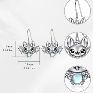 Detailed view of silver bat earrings with moonstone and size dimensions in mm and inch
