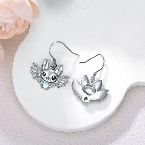 S925 sterling silver bat earrings featuring moonstone pendants and cute cartoon design