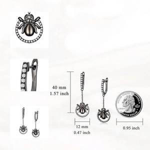 Gothic spider drop earrings with sparkling crystals and size reference measurements