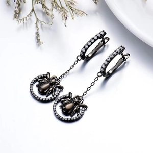 Gothic gunmetal spider hoop earrings with white zircon crystals for Halloween fashion