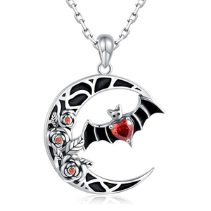 Gothic Moon Bat Pendant Necklace Copper Red Heart Zircon Rose Flower Vintage Jewelry For Women Halloween