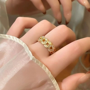 Adjustable golden coin ring for women featuring five sparkling rows of zircon crystals