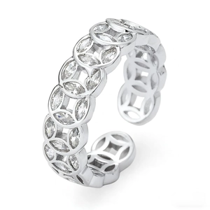Adjustable silver coin ring with sparkling marquise-cut zircons in a minimalist style
