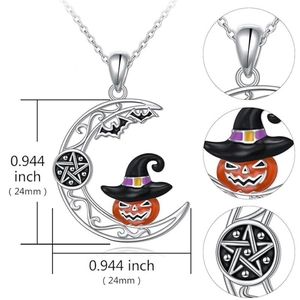 Dettagli della collana a luna di Halloween con zucca e indicazioni sulla misura