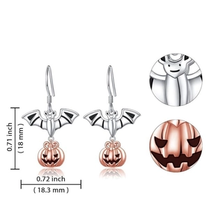 Detailed view of Halloween bat and pumpkin earrings with size measurements in mm