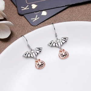 Gothic Halloween bat and rose gold pumpkin drop earrings for women holiday jewelry
