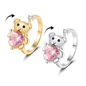 Bague Ours Rotative En Cuivre Avec Zircon Cœur Rose Spinner Fidget Anti Anxiété Bijoux De Mode Réglables Pour Femmes