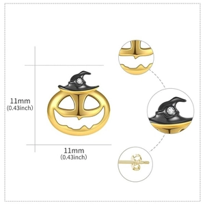 Detailed view of Halloween pumpkin earrings with dimensions and close-up of zircon settings