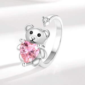 Bague rotative ourson avec zircon cœur rose en argent, anneau ouvert réglable tendance